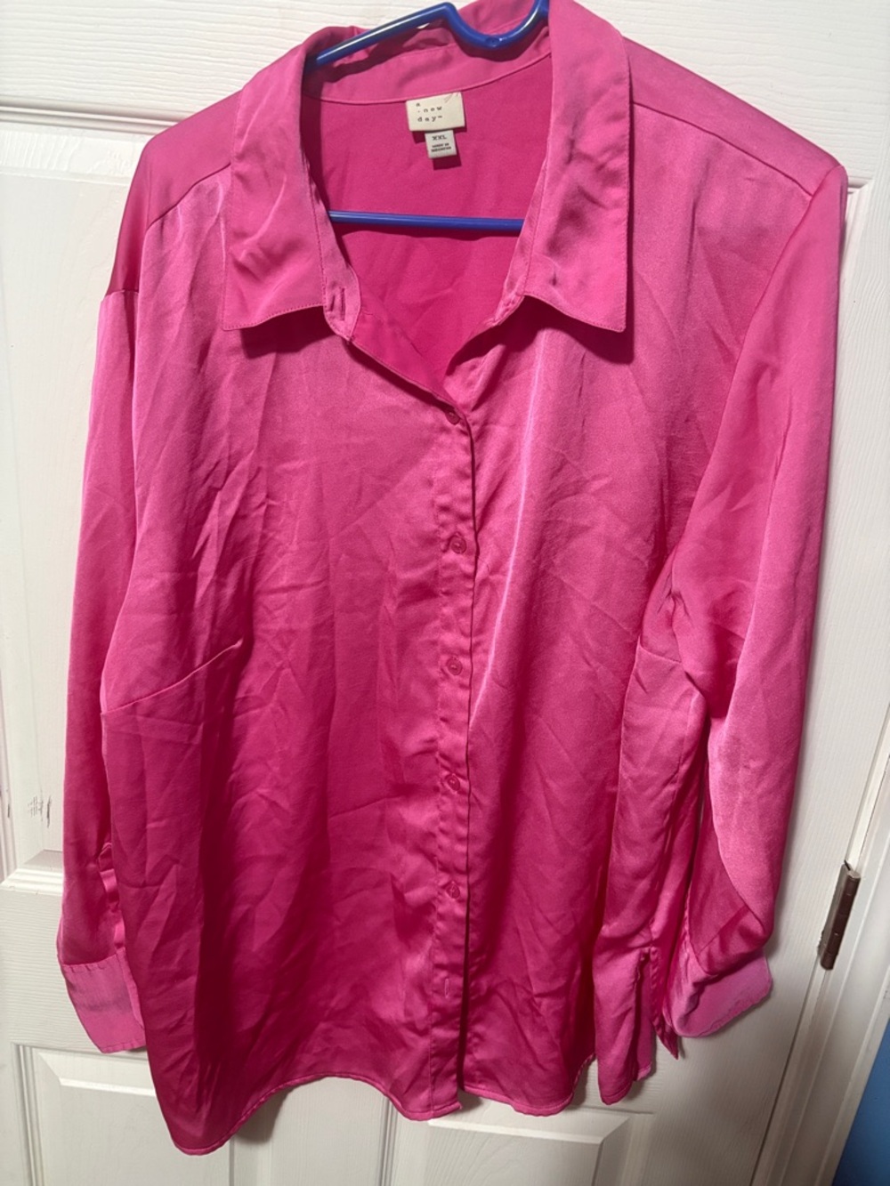 a new day Hot Pink Satin Button-Up Blouse